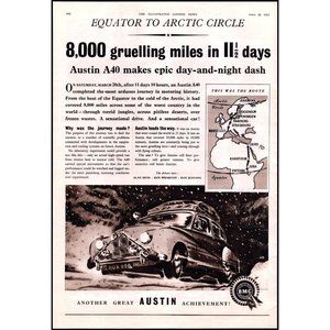 1953 BMC Austin A40 Equator to Arctic Circle Vintage Print Ad Snow Wall Art